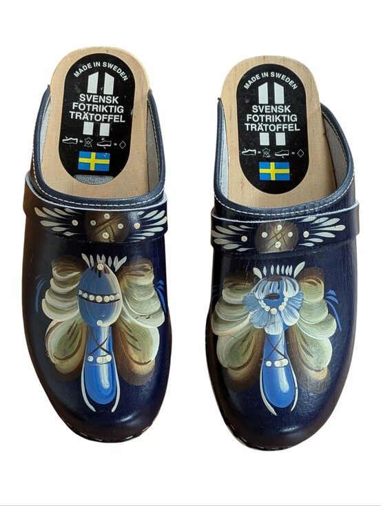 Other Shoes - Swedish Wooden Clogs Navy Floral Hand-Painted Leather Size 37